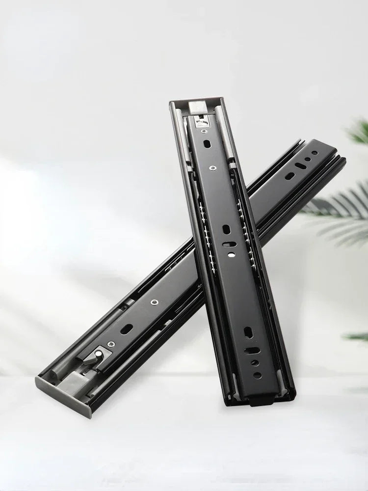 Heavy-Duty Soft-Close Drawer Slides - Automatic Three-Section Black Drawer Glide Tracks with Silent Rebound Mechanism