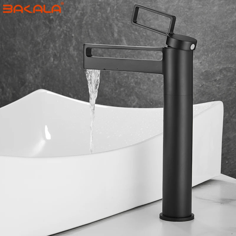 Black Tall Bathroom Basin Taps Single Handle Waterfall Faucet Solid Brass Basin Mixer Tap Creative Hollowed Out Design Water Tap
