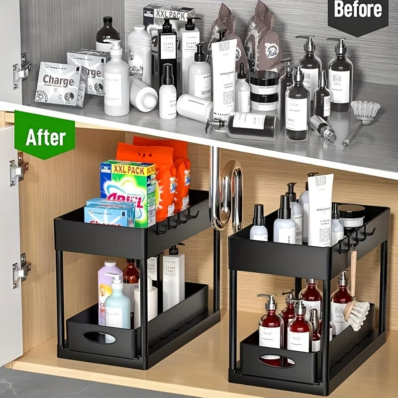 Under Sink Organizers and Storage Space-Saving Cleaning Supplies 2 Tier Sliding Under Shelf Organizer for Kitchen & Bathroom