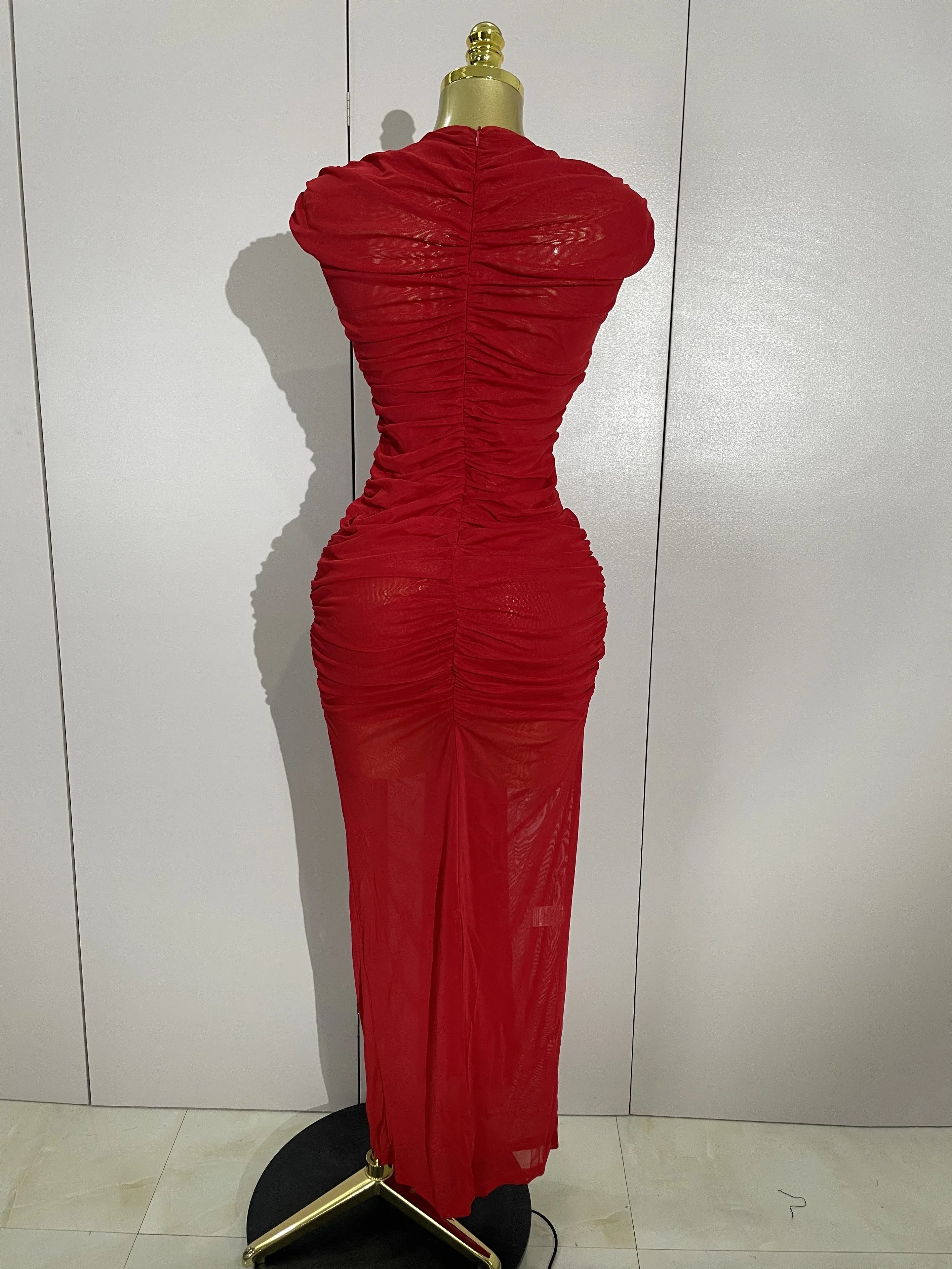 Women Sexy Sleeveless O-Neck Hollow Out Mesh Bodycon Long Dress Fashion Show Celebrate Celebrity Evening Birthday Party Dress