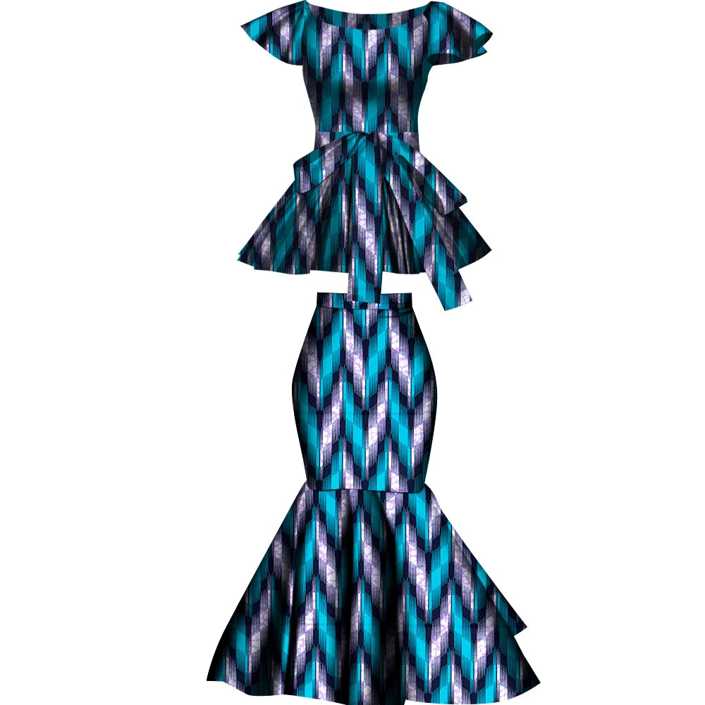 African Two Pcs Set Flared Skirt and Top Dashiki Wax Print Cotton Plus Size Party Clothing WY10076