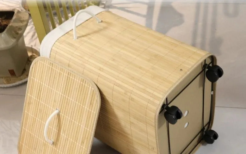 Dirty Laundry Basket Folding Storage Baskets Bamboo Clothes Storage Box with Lid Multifunctional Organizer Boxes with Wheels