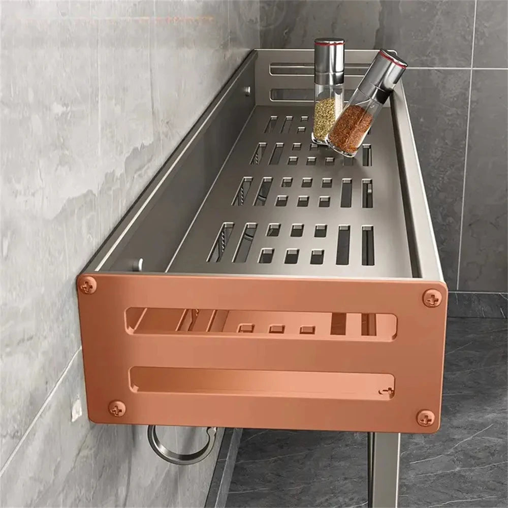Aluminum Wall-Mounted Spice Rack Multifunctional Item Storage Shelf Kitchen Tools Storage Hooks Space Management Solution