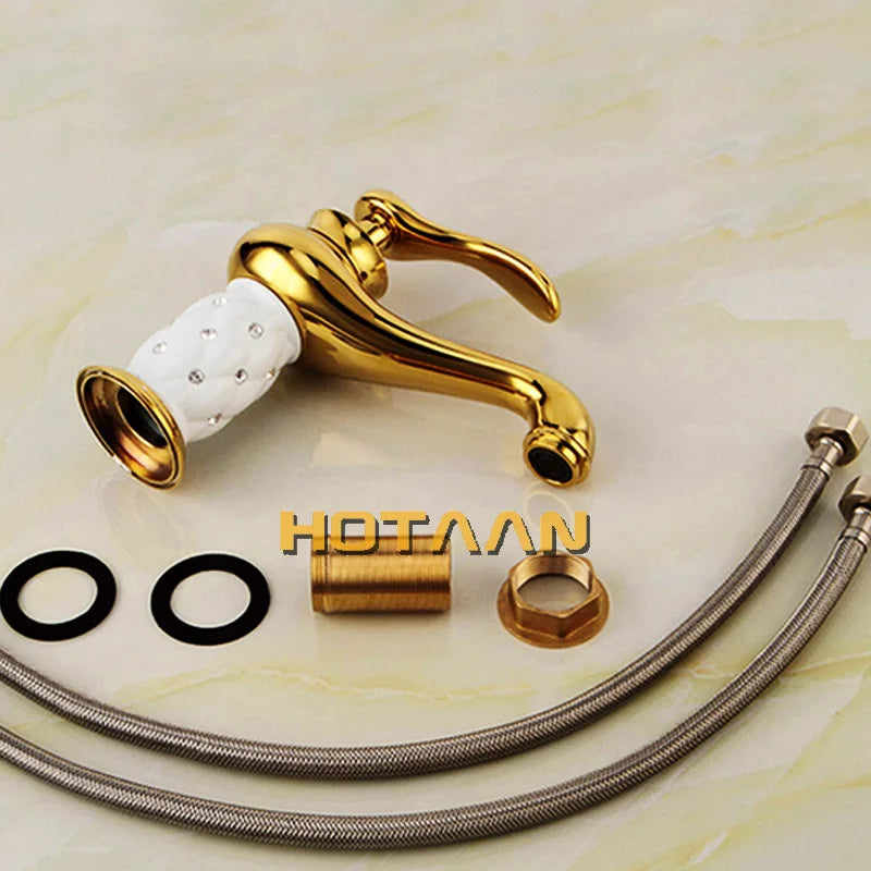 Bathroom Basin Gold Faucet Brass With Diamond Crystal Body Tap New Luxury Single Handle Hot and Cold Tap . YT-5045