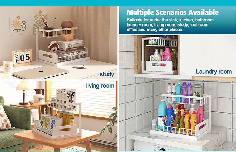 Under Sink 2 Tier Sliding Cabinet Basket Organizer Drawer Pull Out Cabinet Multi-Purpose Sink Organizer for Bathroom Kitchen