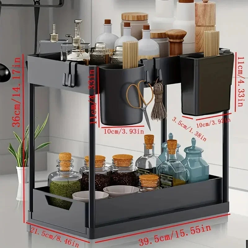 Under Sink Organizer, Sliding Cabinet Basket Organizer, Storage Rack with Hooks, Hanging Cup, Bathroom Kitchen Organizer, 2 Tier
