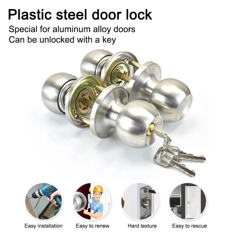Interior Round Ball Door Knobs, Key Handles, Stainless Steel Locksets for Bathroom, Bedroom