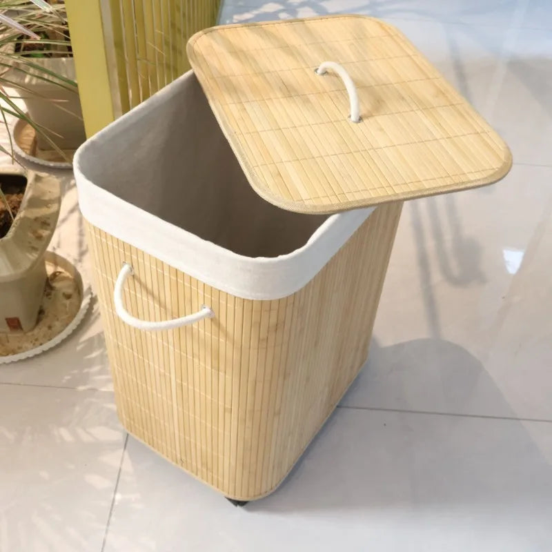 Dirty Laundry Basket Folding Storage Baskets Bamboo Clothes Storage Box with Lid Multifunctional Organizer Boxes with Wheels