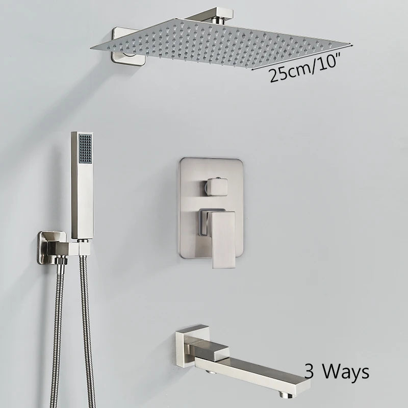 Brushed Nickel Brass Shower Faucet 2/3 Ways Shower Sets Rainfall Shower Head Mixers with Embed Box Bathroom Taps Hot Cold Water