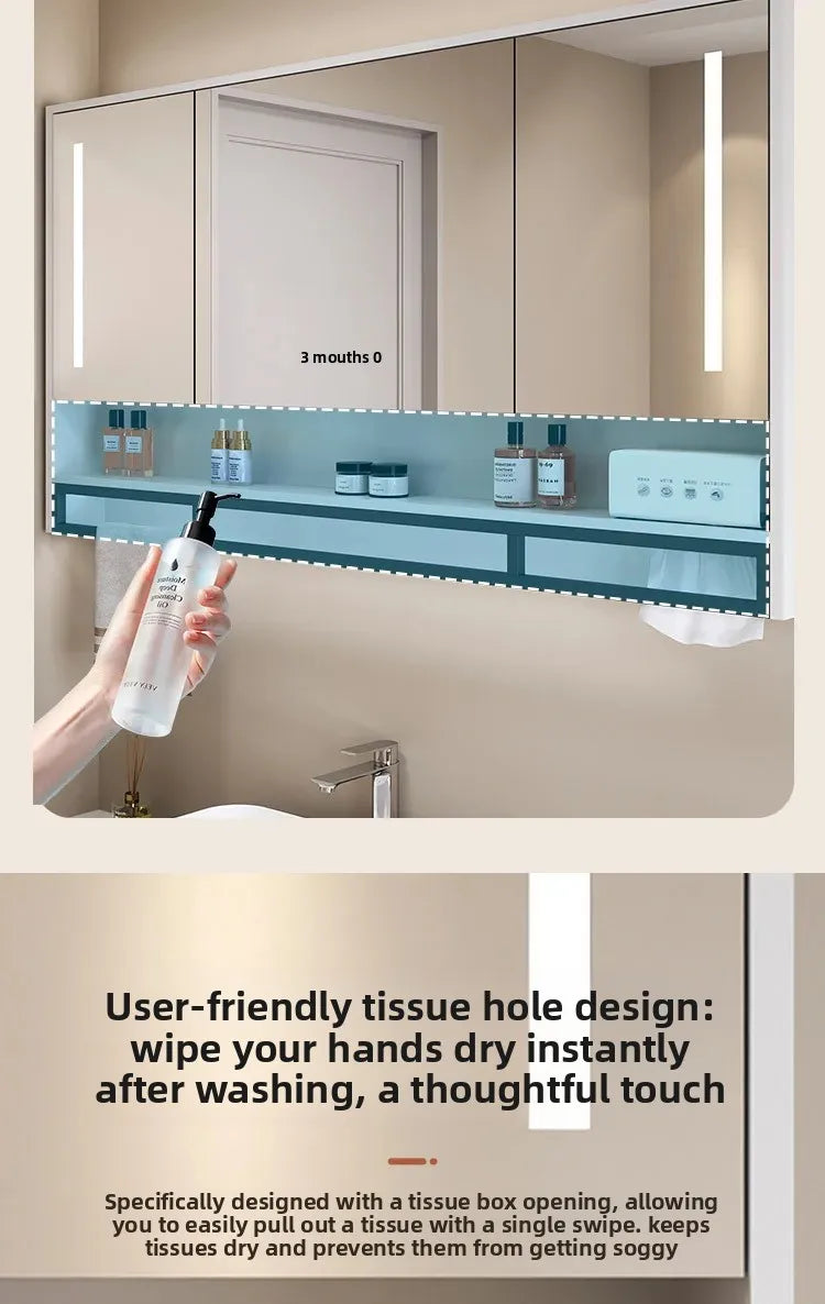Bathroom Mirror Cabinet Wall Mounted LED Waterproof Aluminum Medicine Cabinet with Storage Shelf Towel Rod for Home Bathroom