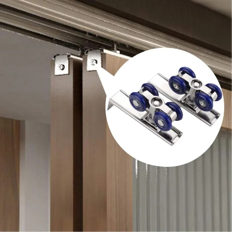 2Pcs/Set 4 Wheels Sliding Door Rollers Hardware Slide Doors Pulley Wardrobe Closet Wood Door Hanging Wheels Rail Track Pulley