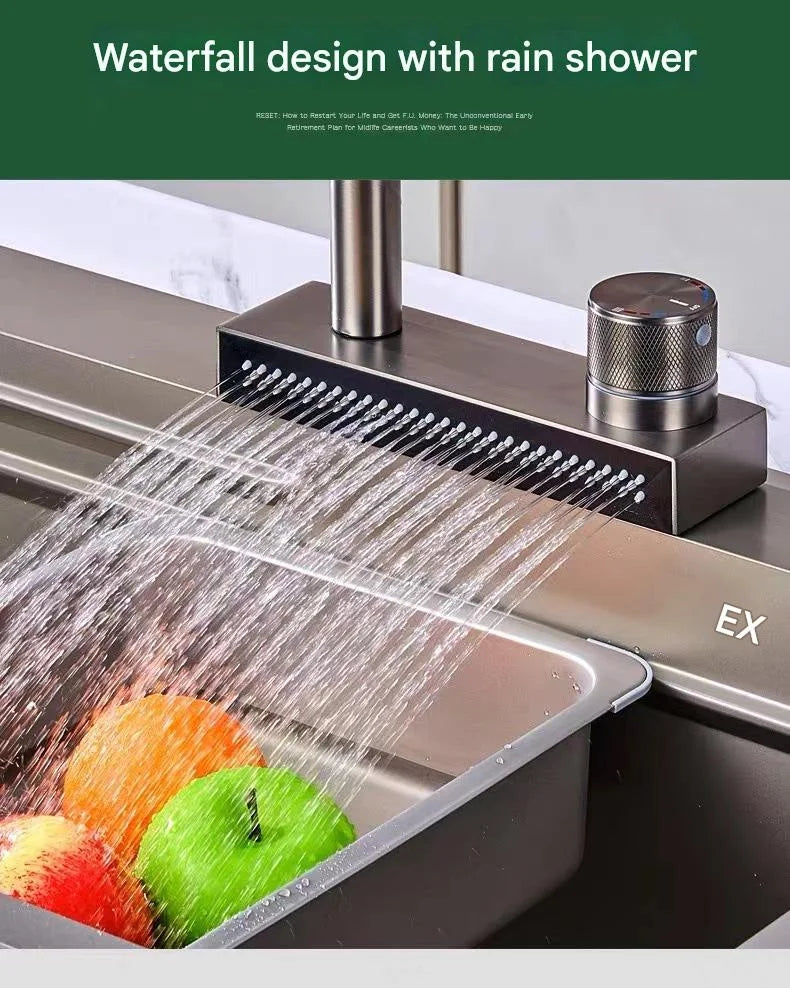 Waterfall Sink Pull Type Kitchen Faucet Hot Cold Mixer Vegetable Wash Tap Basin Multiple Water Outlets Rotation Flying Rain Tap