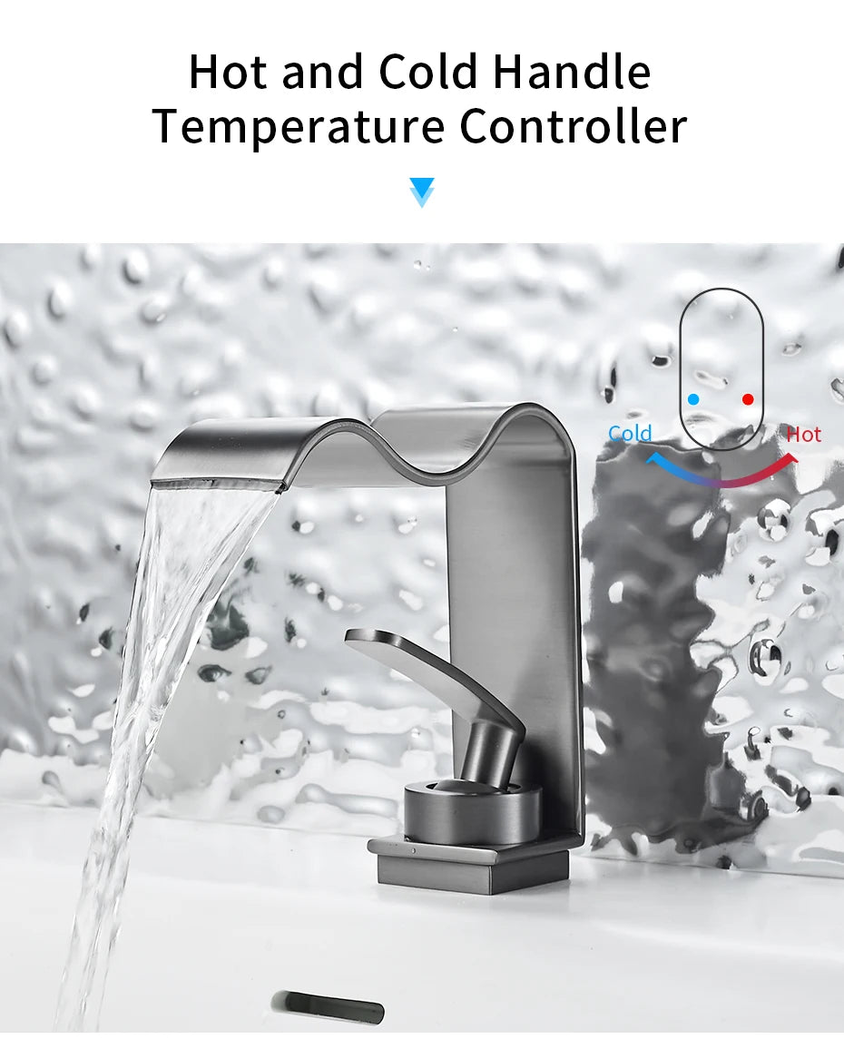 Basin Faucet Waterfall Black with Brushed Bathroom Basin sink Faucet Cold and Hot Water Mixer Single Handle Bathroom Taps 855951