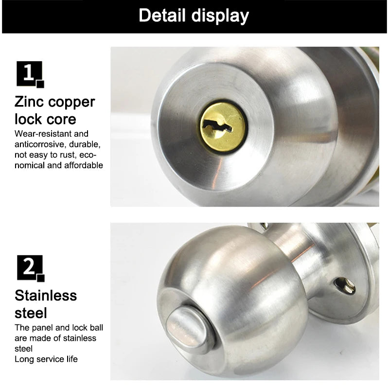 Interior Round Ball Door Knobs, Key Handles, Stainless Steel Locksets for Bathroom, Bedroom