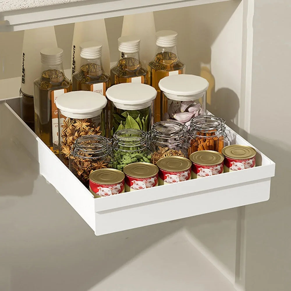 Pull-out Kitchen Storage Rack Large Capacity Plastic Spice Box Storage Rack with Slide Rails Anti-slip Drawer Type Storage Tray