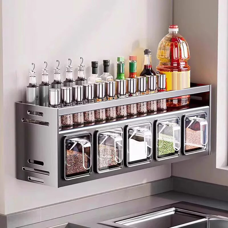 1 Pc Stainless Steel Kitchen Spice Rack Wall-Mounted Multi-Functional Spice Rack Box Jar Kitchen Storage Home Organizador