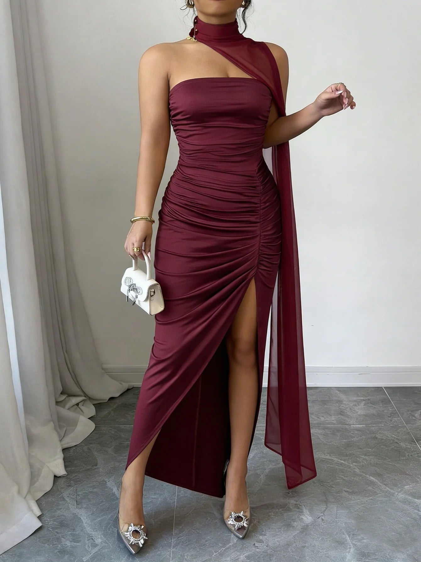 Maxi Dress Spring Summer Women Burgundy Asymmetrical Halter Neck Ruched Split Hem Sexy Elegant Party Date Evening Club Dress