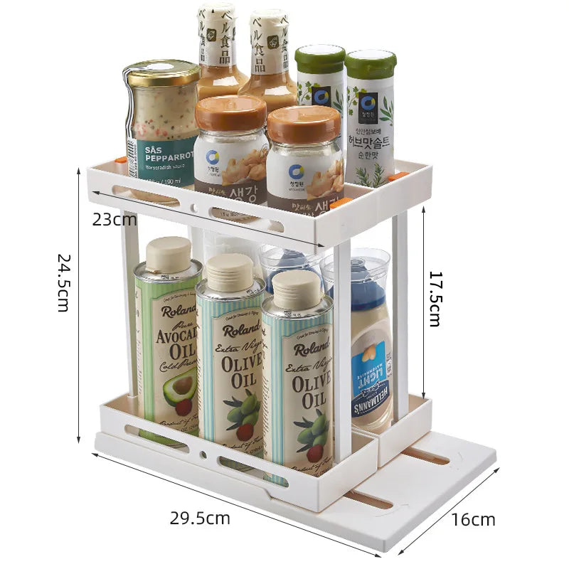 2 Tier Pull-out and Rotate Kitchen Spice Rack Multi-Function Seasoning Organizer for Kitchen Cabinet Pantry Counter-Top Supplies