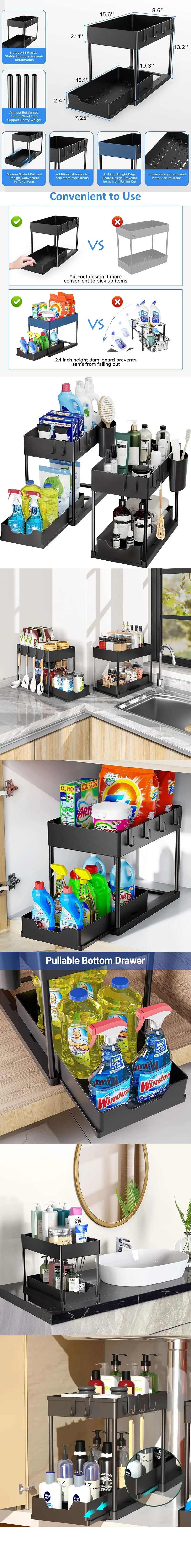 2 Tier Under Sink Organizer Sliding Cabinet Basket Organizer Storage Rack with Hooks Hanging Cup Bathroom Kitchen Organizer