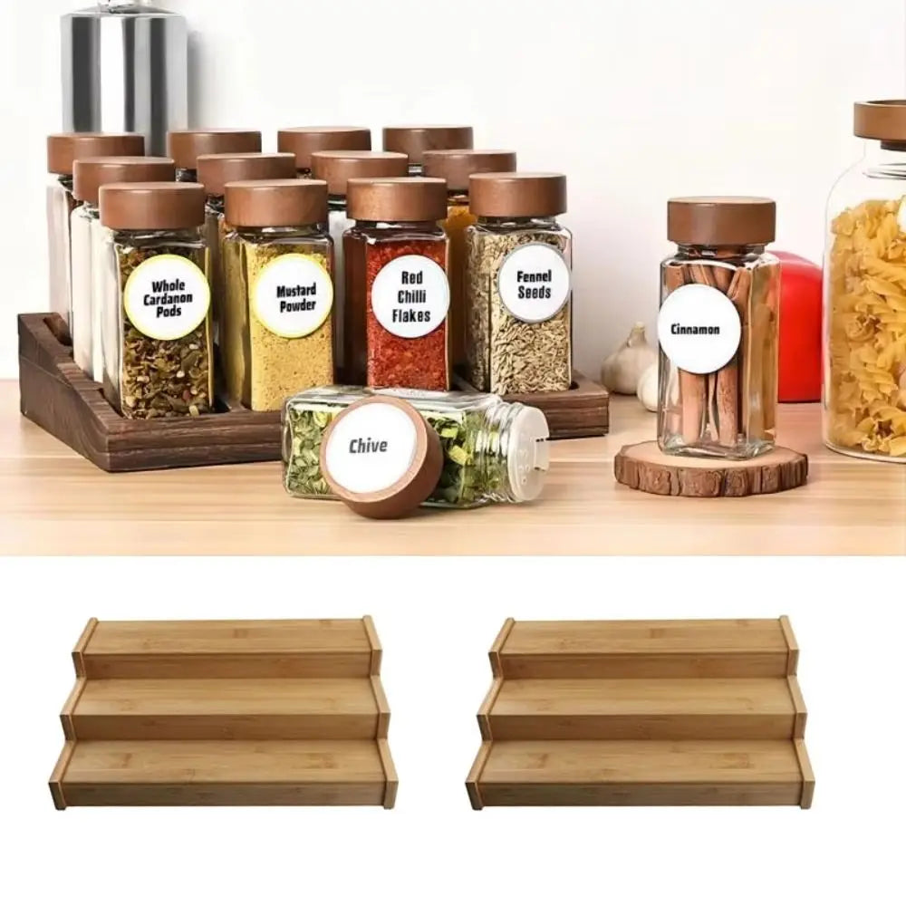 Solid Wooden 3-Tier Spice Rack Space-Saving Multi-Tier Seasoning Organizer Spice Display Durable Spice Jar Storage Set