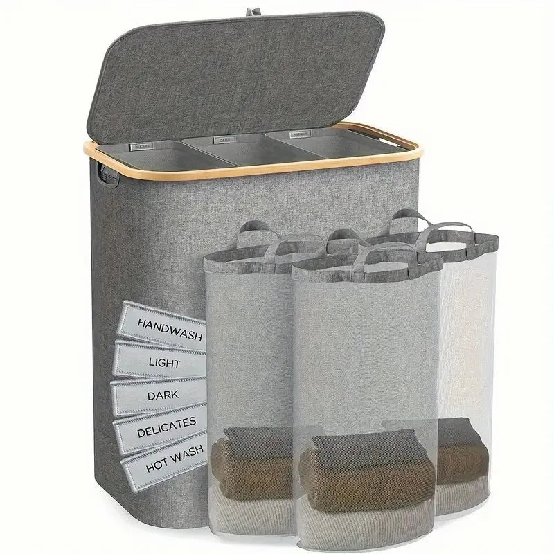 Dirty clothes basket bamboo basket bedroom with inner pocket with lid foldable  clothes storage basket with classification label