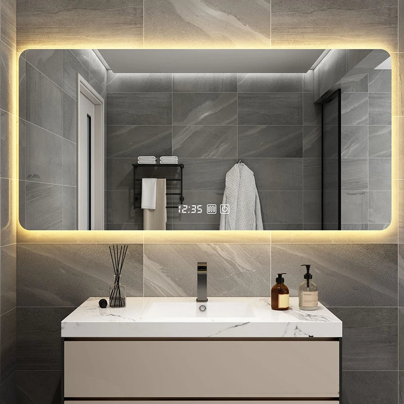 Bathroom Mirror Mounted On The Wall Rounded Rectangle With LED Lighting And Heating Defogging Function For Cold Area Apartments