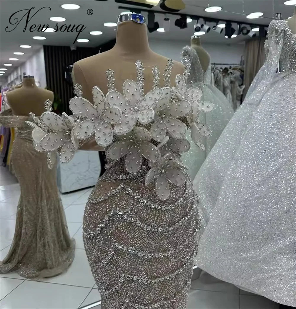 2026 Customized Champagne Evening Dresses 3D Beaded Flowers Women Prom Dress Robes De Soiree Pearls Mermaid Cocktail Party Gowns