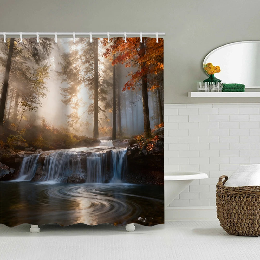 1/4 Forest Waterfalls  print shower Curtains, Toilet Seat Decoration, Shower Curtain with Carpet and Toilet Lid, 70.8x70.8 inch