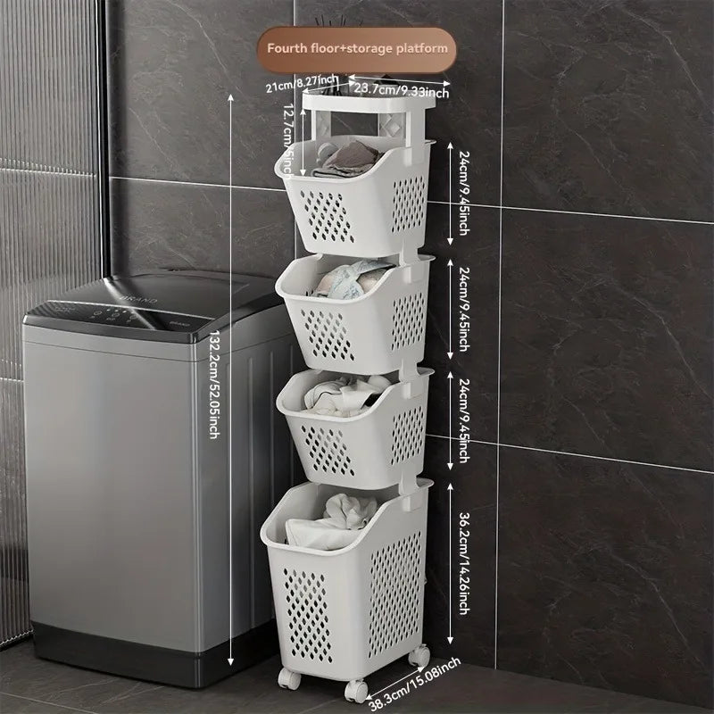 Multilayer Dirty Laundry Basket Storage Rack Clothes Storage Basket Sundries Storage Basket with Wheels Home Bathroom Supplies