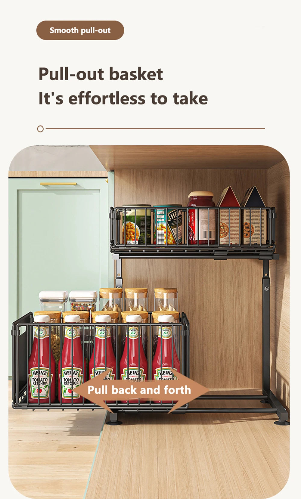 2 Tier Under Sink Organizer Adjustable Pull Out Cabinet Organizer Slide Out Kitchen Storage Racks Thickened Metal Sliding Drawer