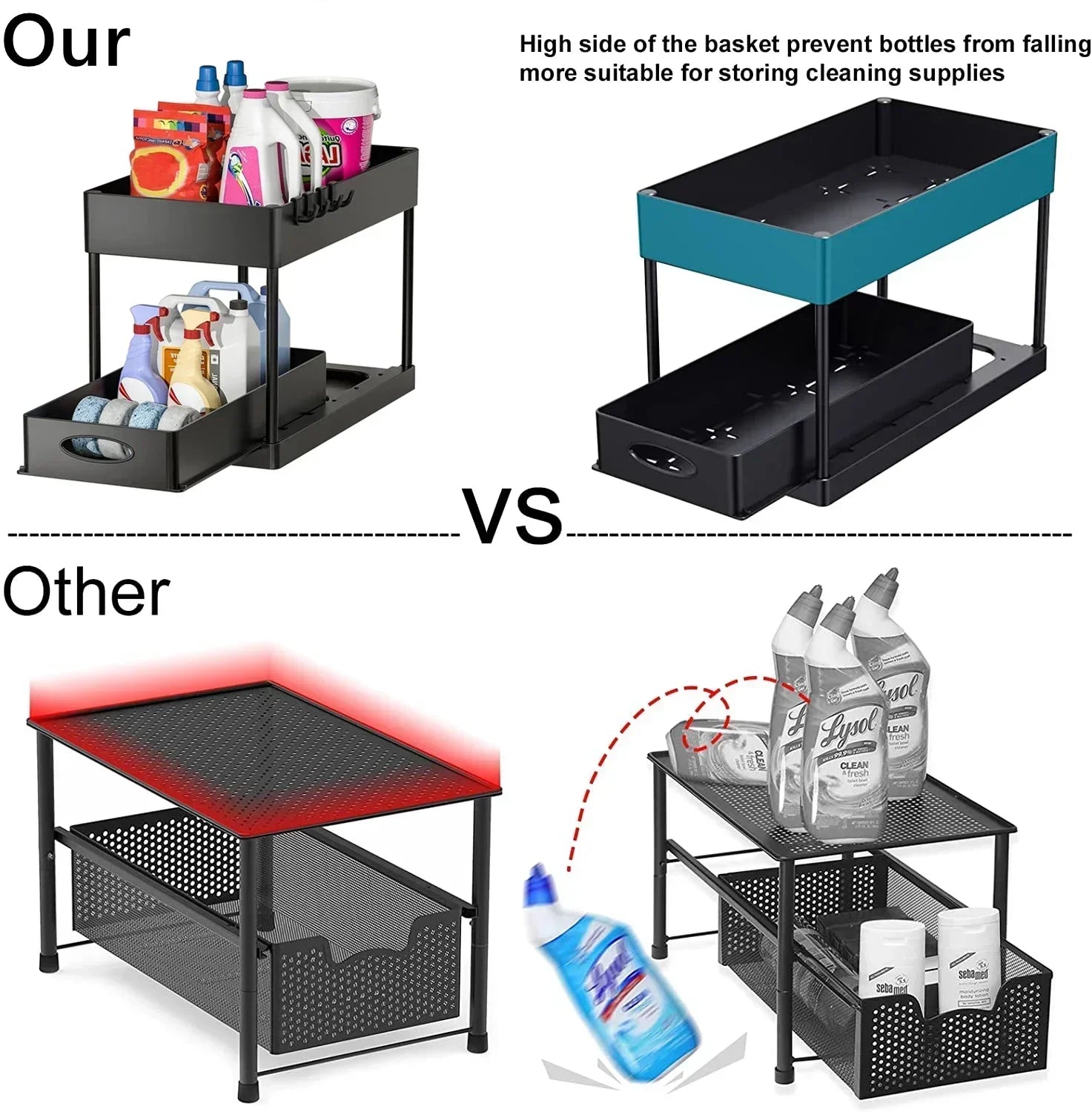 2 Tier Under Sink Organizer Sliding Cabinet  Organizer Storage Rack with Hooks Hanging Cup Bathroom Kitchen Organizer