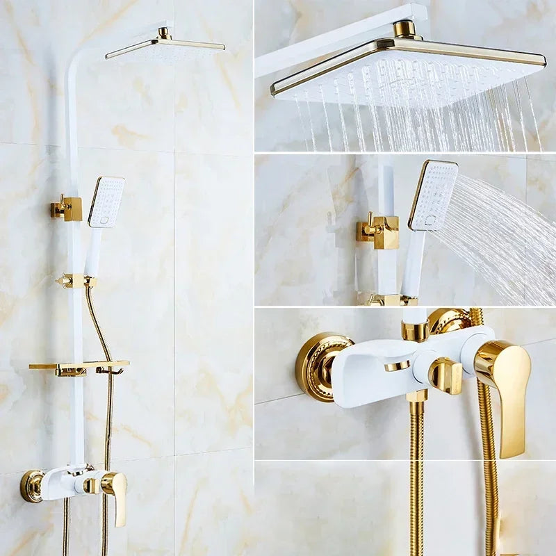 Thermostatic Bathroom Shower Set White Gold Bathroom Faucet Accessories 12 Inch Rain Shower Head Hot Cold Bathroom Shower System
