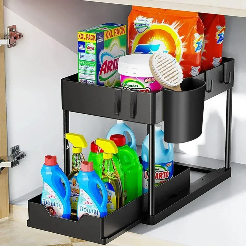 2 Tier Under Sink Organizer Sliding Cabinet  Organizer Storage Rack with Hooks Hanging Cup Bathroom Kitchen Organizer