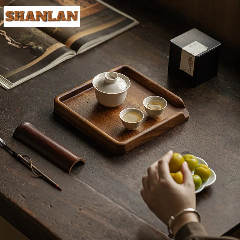 Chinese Walnut Square Food Tray Solid Wood Puer Tea Set Tray Home Breakfast Tray Cake Tray Flower Pot Bonsai Gardening Holder