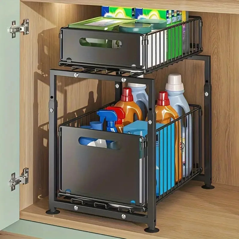 2-Tier Pull Out Cabinet Organizer Drawer Height Adjustable Kitchen Rack for Cabinet Under Sink Organizer Spice Jar Storage Shelf