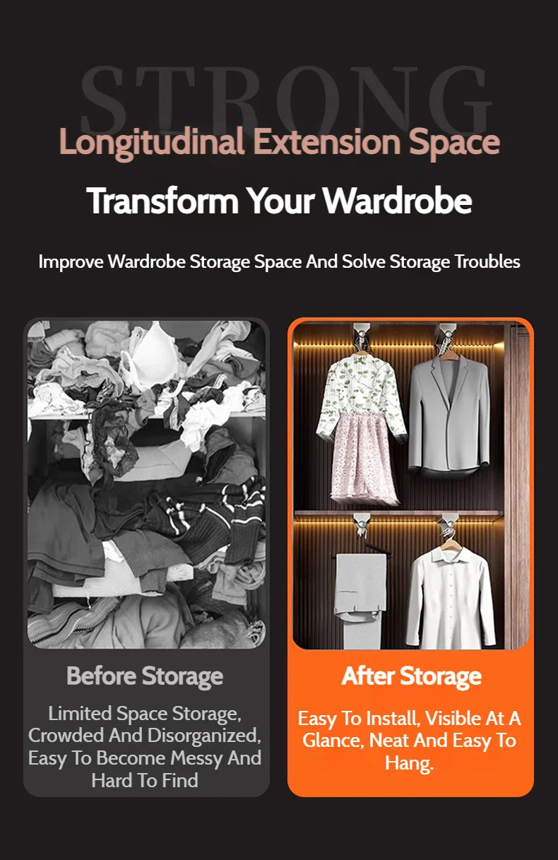 Pull Push Adjustable Top Mounting Closet Interior Telescopic Hanging Rod Cloakroom Retractable Slide Track Clothes Organizer