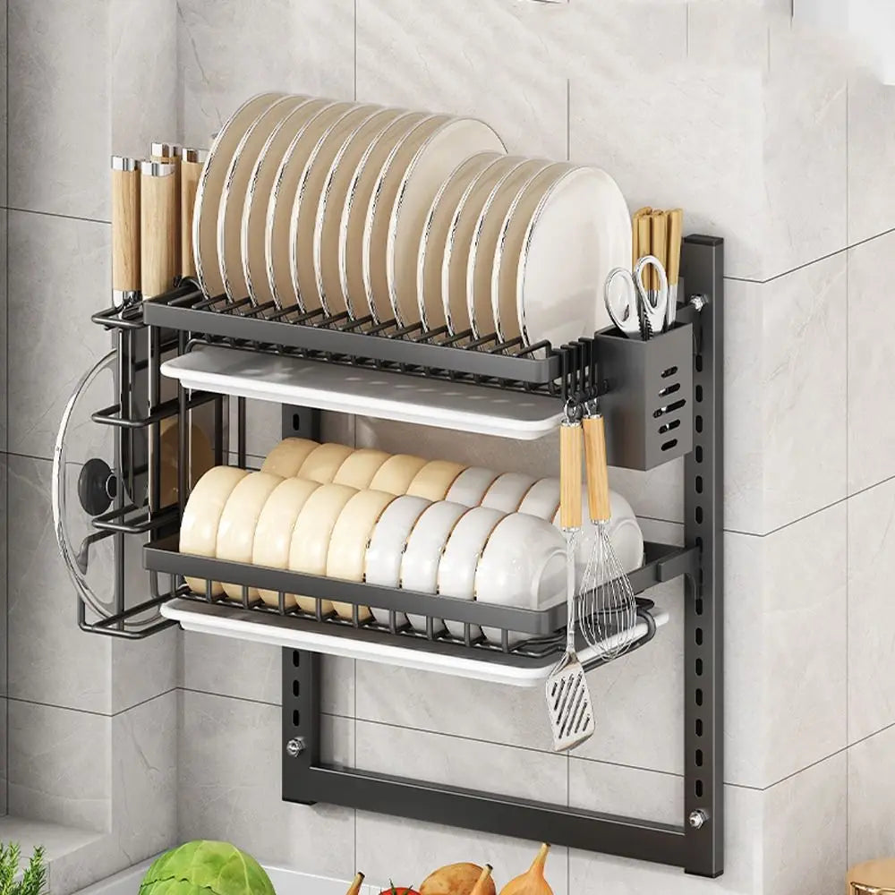 Wall Mounted Dish Drying Rack 2 Layer Rust-Proof Kitchen Storage Rack Compact Large Capacity Drain Tray Household