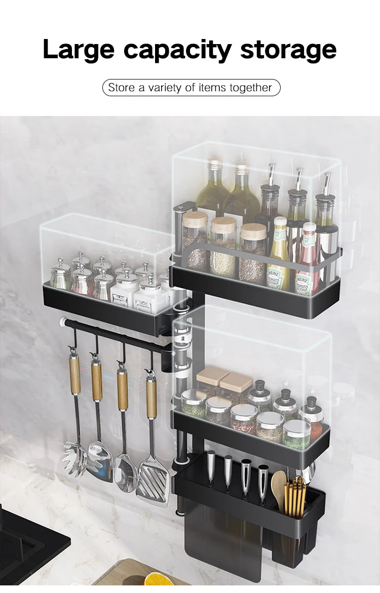 Over Sink Kitchen Rack Black Kitchen Storage Stand Wall-mounted Spice Rack Punch-free 360 Rotation Kitchen Spice Organizer Shelf