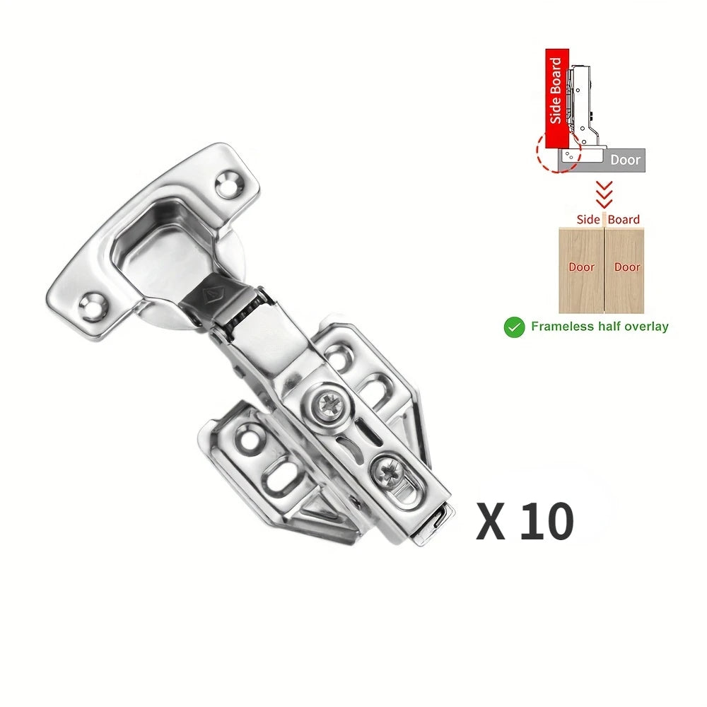 10-Piece Modern Frameless Cabinet Door Hinges Soft-Close Nickel Plated European Full/Half Overlay/Inset