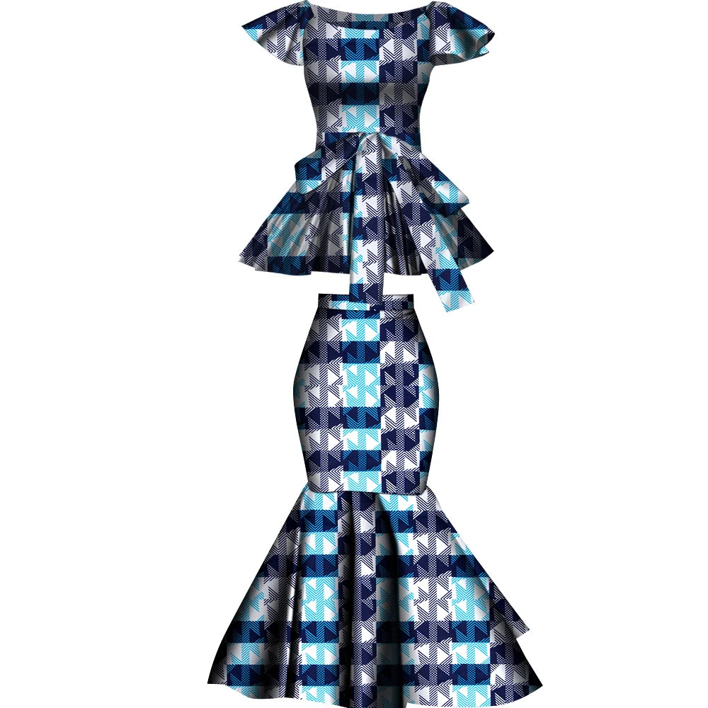 African Two Pcs Set Flared Skirt and Top Dashiki Wax Print Cotton Plus Size Party Clothing WY10076