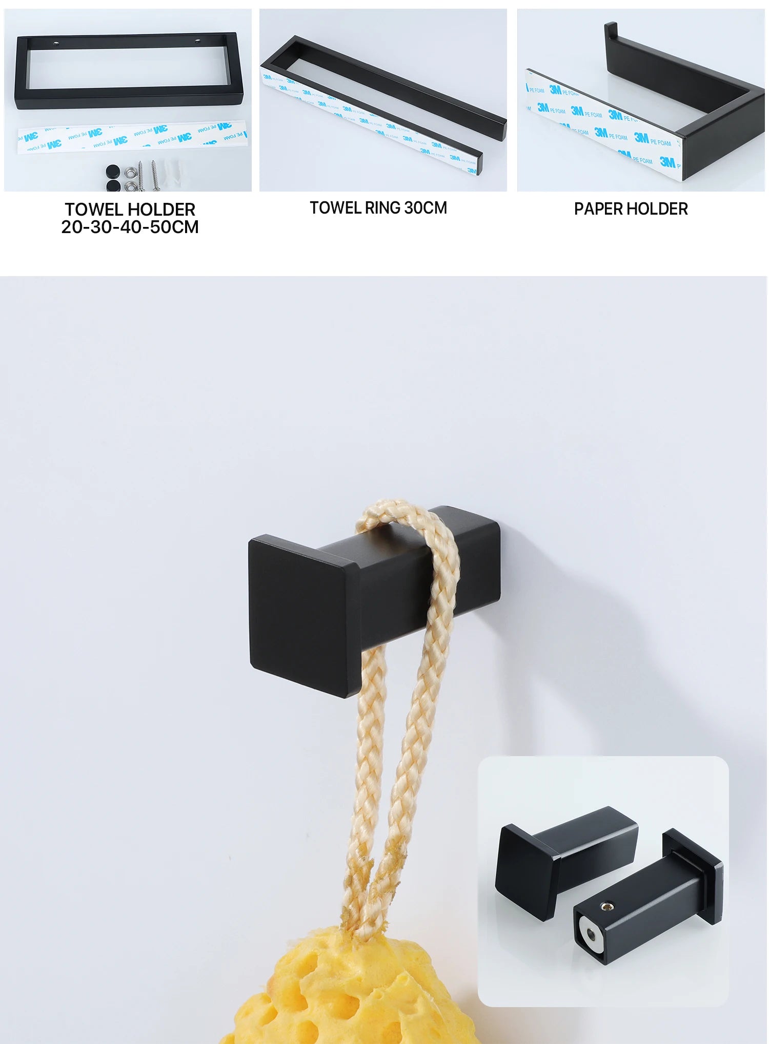 Bathroom Hardware Black Bath Robe Hook Towel Rail Bar Rack Bar Shelf Tissue Paper Holder Bathroom Accessories
