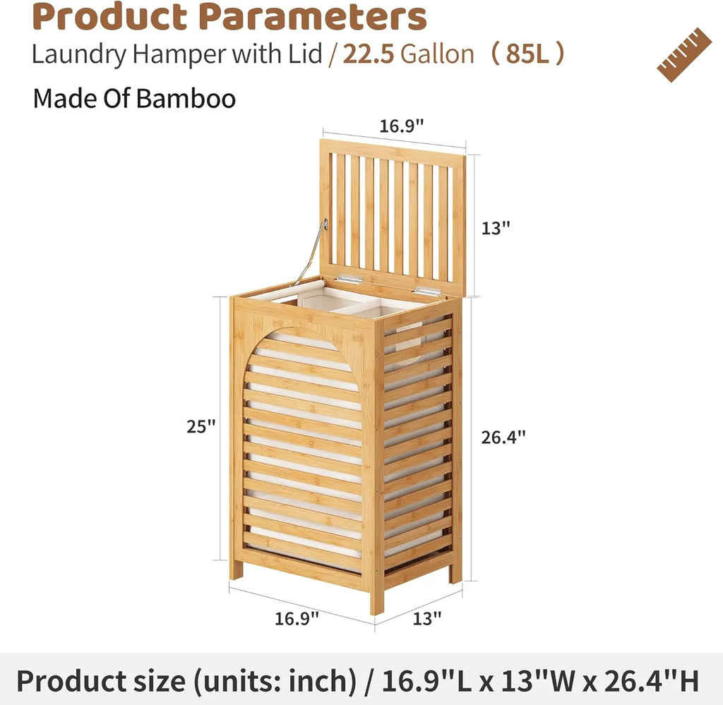 Large Bamboo Laundry Hamper with Lid 85L Clothes Basket Removable Bag Storage for Bathroom Natural