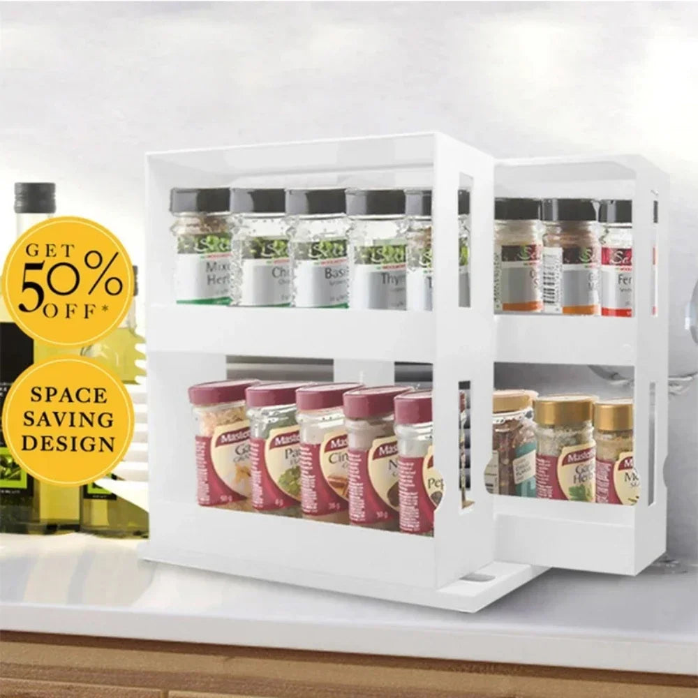 Spice Organizer Rack Multi-function 2 Tier Rotating Storage Shelf Slide Kitchen Cabinet Cupboard Organizer Kitchen Storage Rack