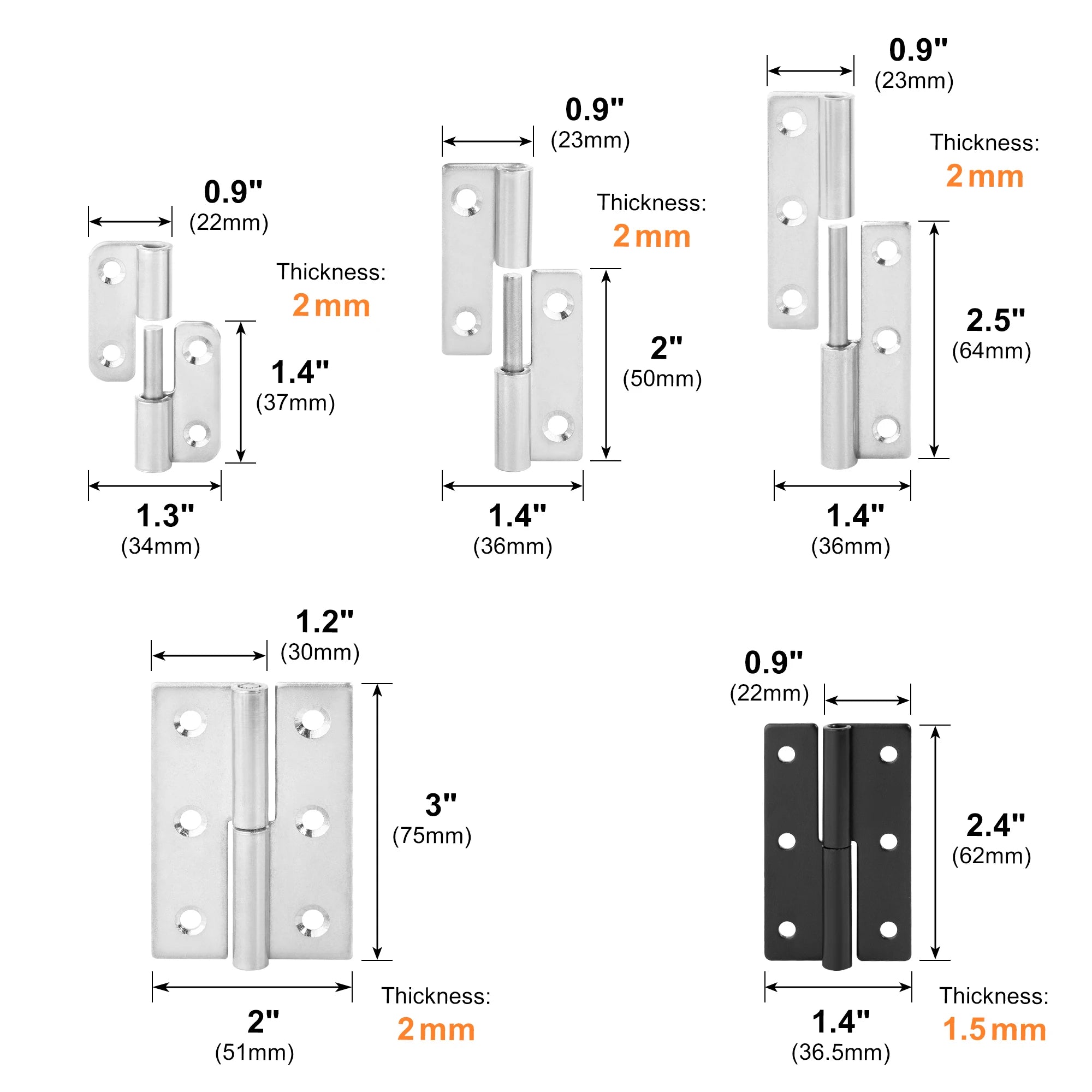 2PCS Stainless Steel Detachable Hinge 270 Degree Black Removable Wooden Furniture Door Hinges for Cabinet Cupboard Closet Box