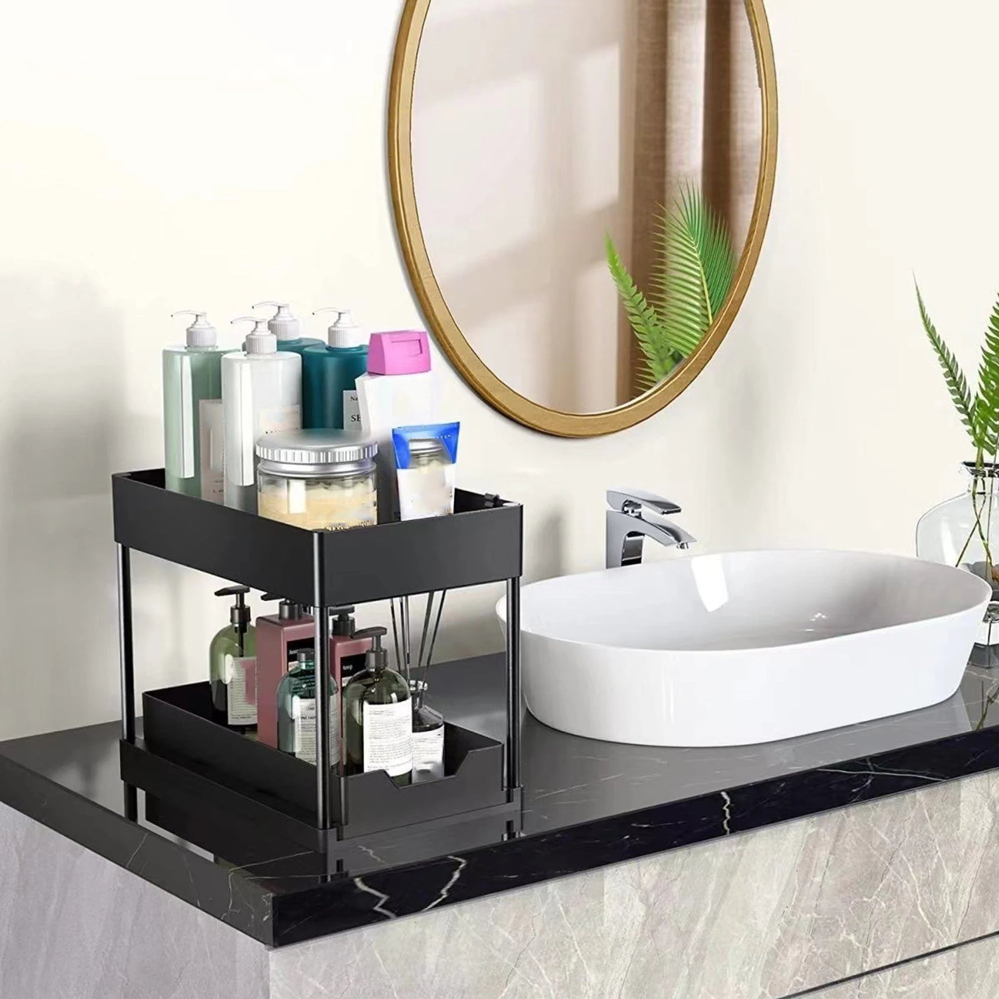 Double-Layer Pull-Out Kitchen Storage Rack, Non-Slip and Stable, Multifunctional Storage Box with Five Hooks, Under-Sink Brush Double-Layer Drawer Storage Rack, Suitable for Kitchen and Bathroom Countertop Sink Storage