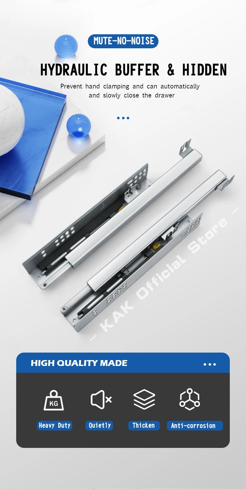KAK 10"-20" Under Mount Drawer Slide Rails Soft Close 2 Section Hidden Rail Tracks 25KG Drawer Runner Hydraulic Damper Buffer
