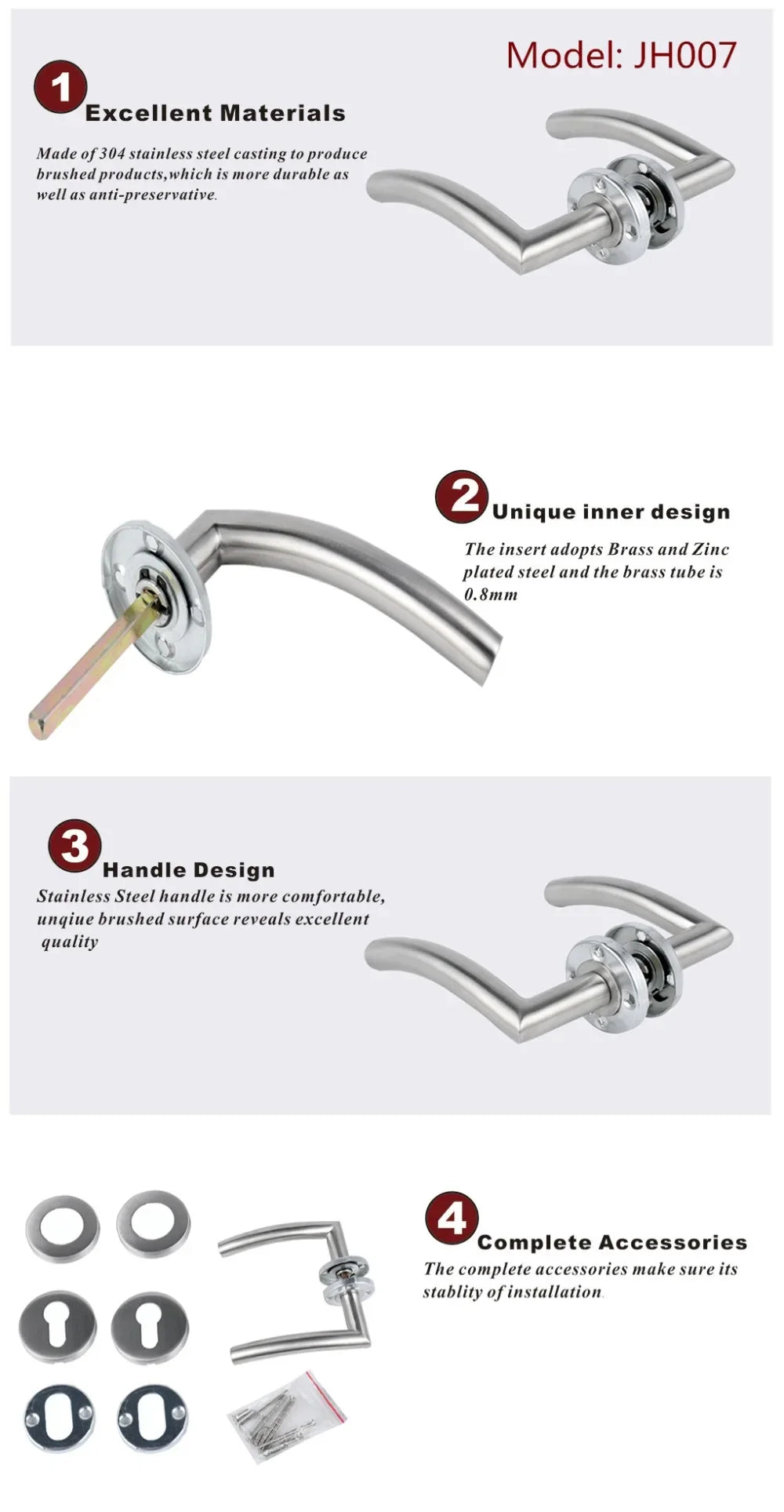Door Handle Set Stainless Steel Interior Home Lever Handle Lock Durable Adjustable Latch Security Knob For Bedroom Bathroom