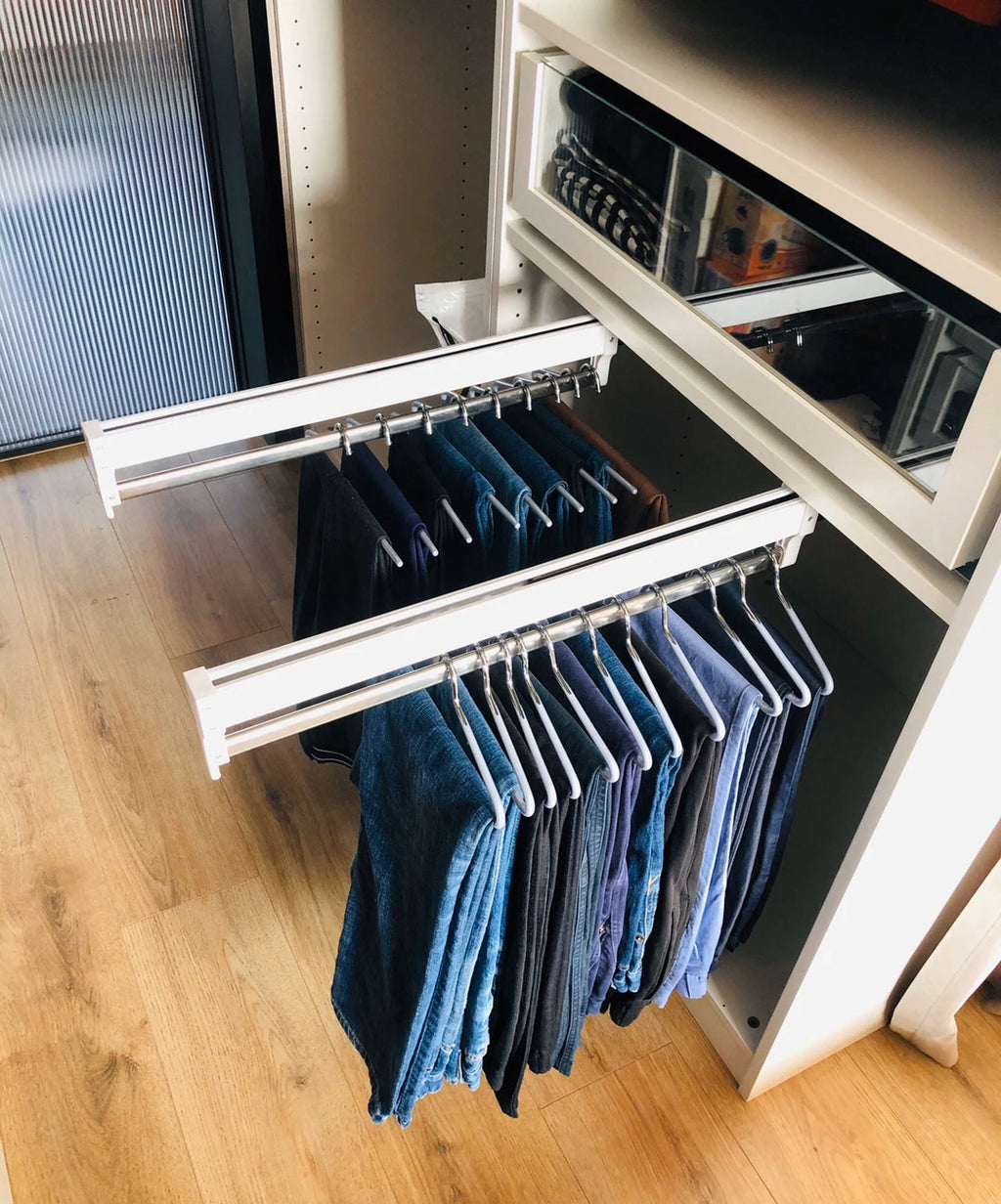 Pull-Out Closet Valet Rod Adjustable Wardrobe Clothing Rail Heavy Duty Top Mount Wardrobe Hanger Rack Bar Ball Bearing Slide