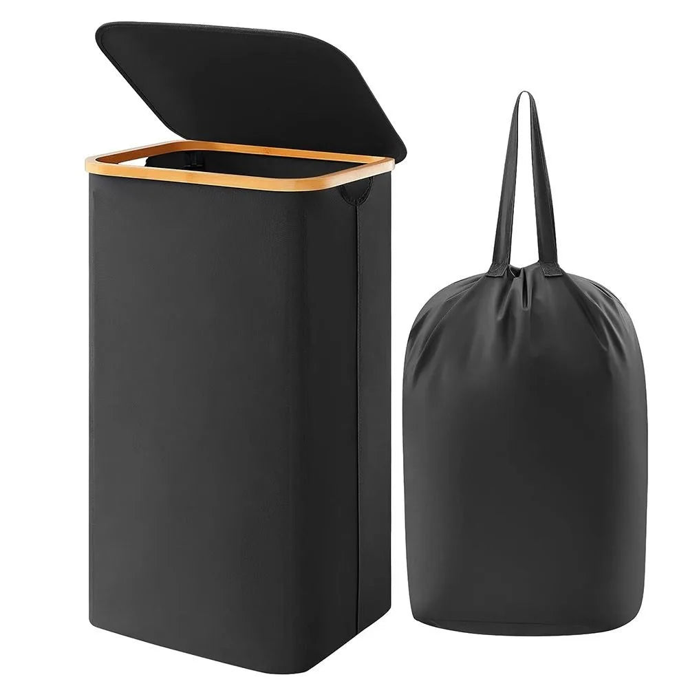 Collapsible Slim Laundry Hamper with Lid Bamboo Handles Removable Inner Bag Clothes Basket Bin Foldable Freestanding