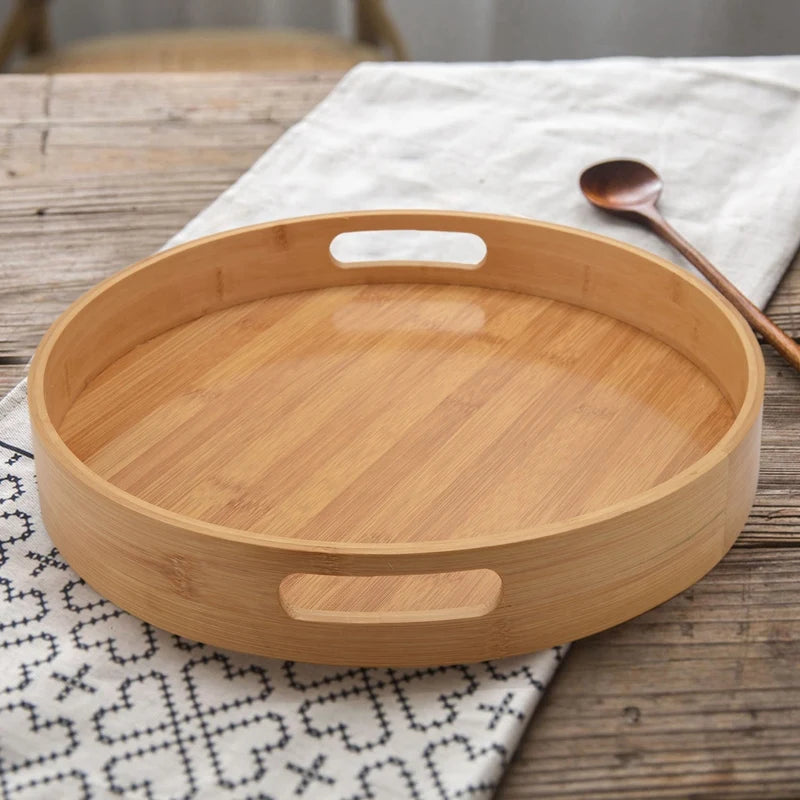 Promotion! Round Serving Bamboo Wooden Tray for Dinner Trays Tea Bar Breakfast Food Container Handle Storage Tray 3 Eco-Friendly